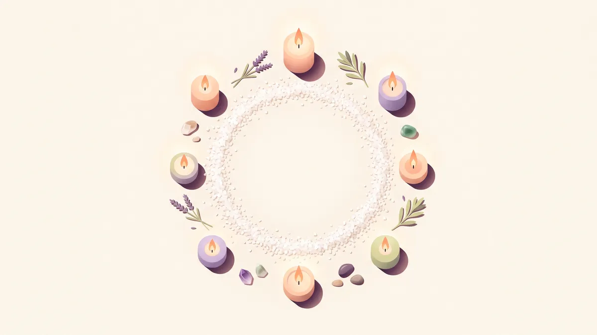 Ritual del círculo de protección con velas encendidas y sal formando el perímetro