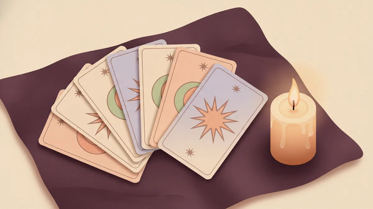 Varias cartas de arcanos mayores del tarot dispuestas en abanico sobre un paño oscuro junto a una vela