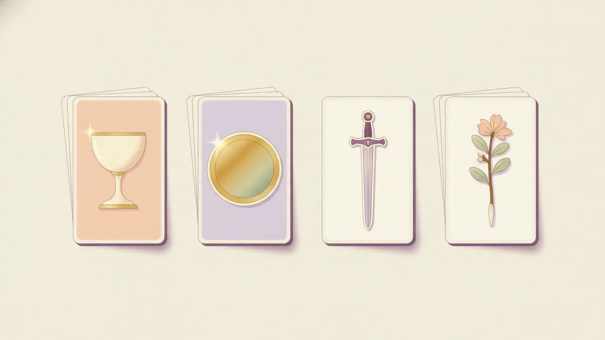 Cuatro montones de cartas de tarot, uno por palo: copa, oro, espada y basto