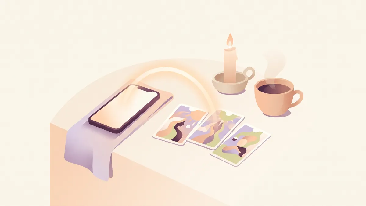 Ilustración de una consulta de tarot por teléfono: un smartphone junto a unas cartas de tarot y una vela cálida