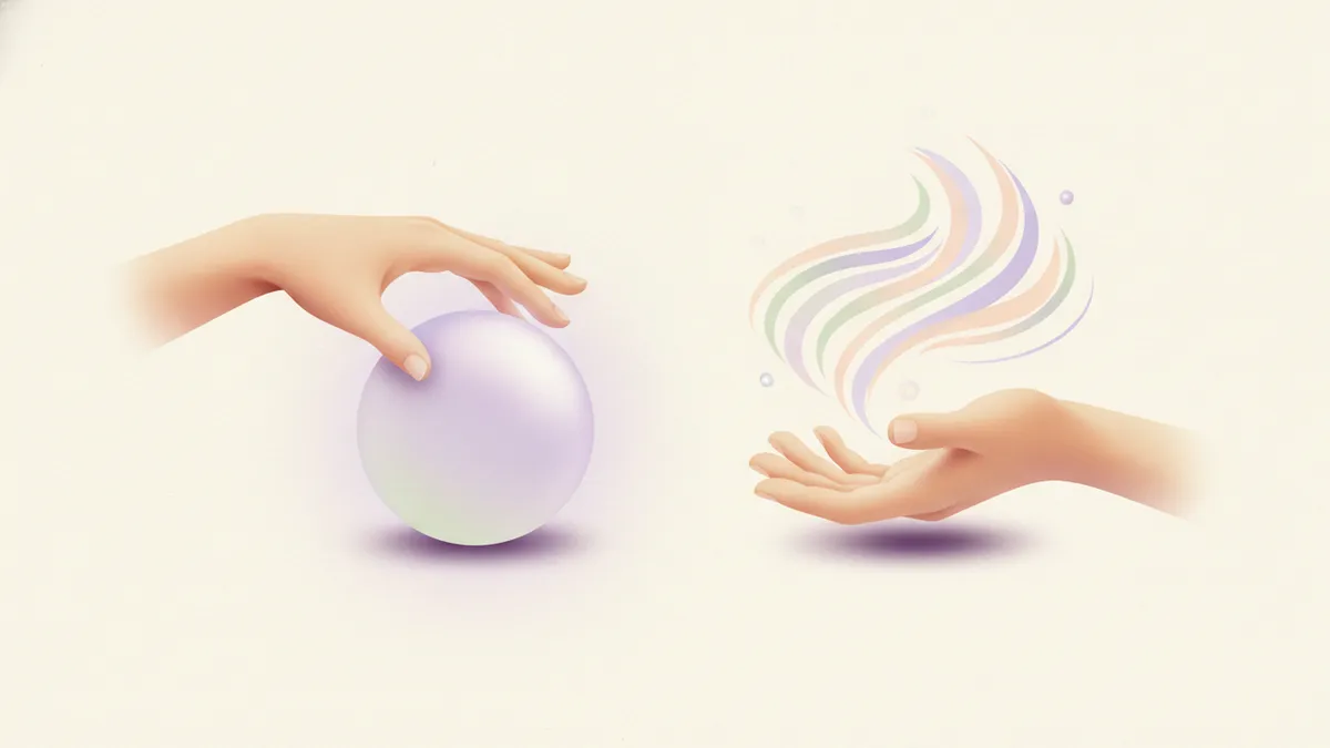 Una figura mira una bola luminosa y otra tiende la mano hacia luces suaves: contraste entre vidente y médium
