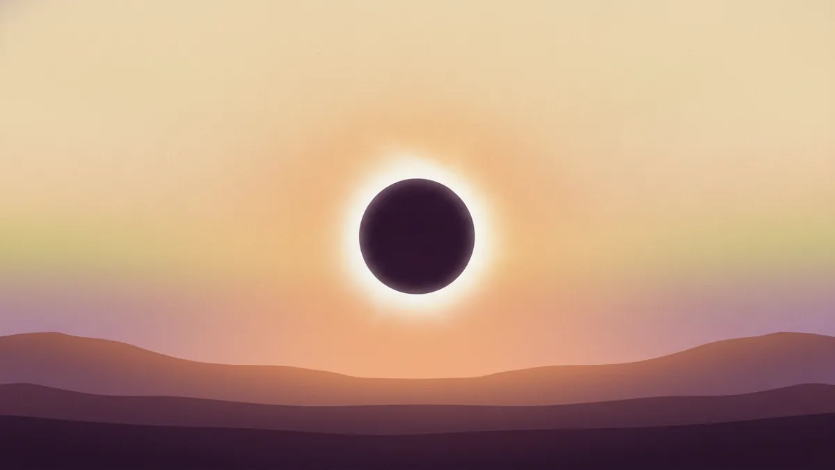 Un eclipse solar total sobre un horizonte al atardecer, con la corona del Sol visible tras la silueta de la Luna