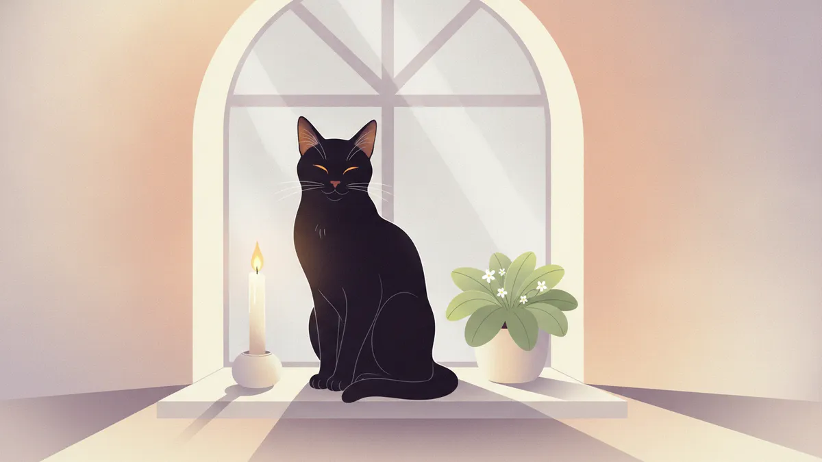 Un gato negro sentado con calma en el alféizar de una ventana iluminada por la luna, junto a una vela