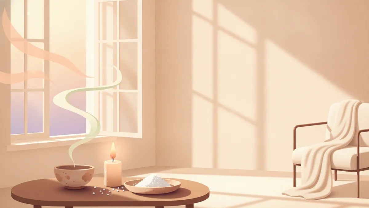 Una habitación luminosa con una ventana abierta, humo suave de salvia, sal y una vela: limpieza energética del hogar