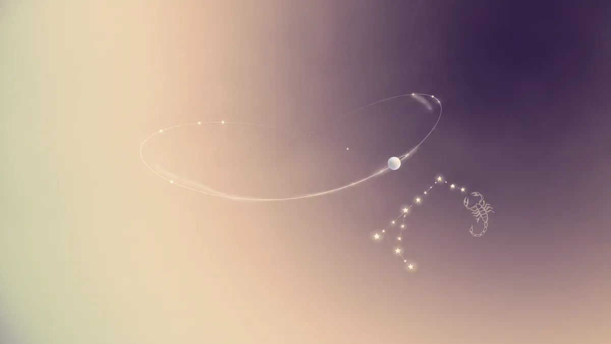 Un pequeño planeta plateado trazando un bucle sobre un cielo nocturno violeta con constelaciones tenues
