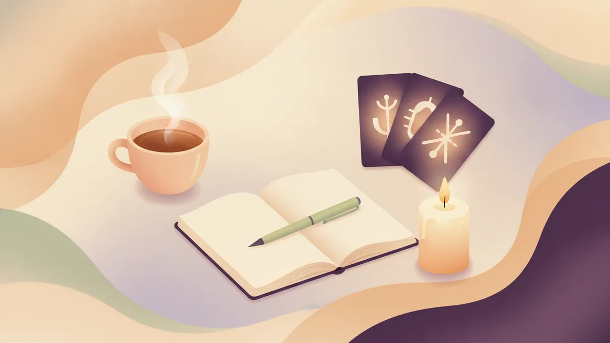 Una libreta abierta con una taza y unas cartas de tarot, preparando la primera consulta con un vidente