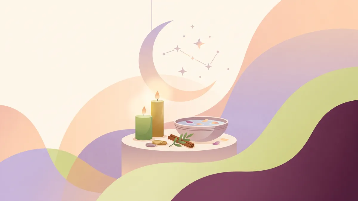 Altar sencillo de luna nueva con velas verdes y doradas, monedas, canela y un cuenco de agua