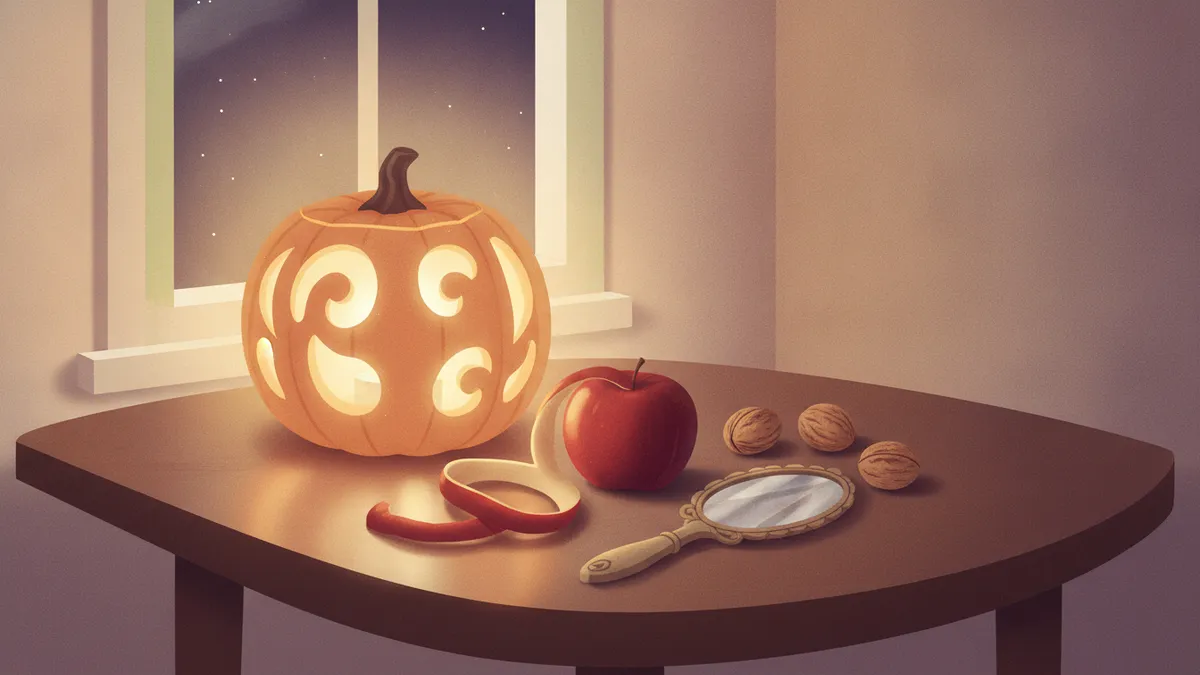 Una calabaza tallada con una vela dentro junto a una ventana, con una manzana, un espejo antiguo y nueces sobre la mesa