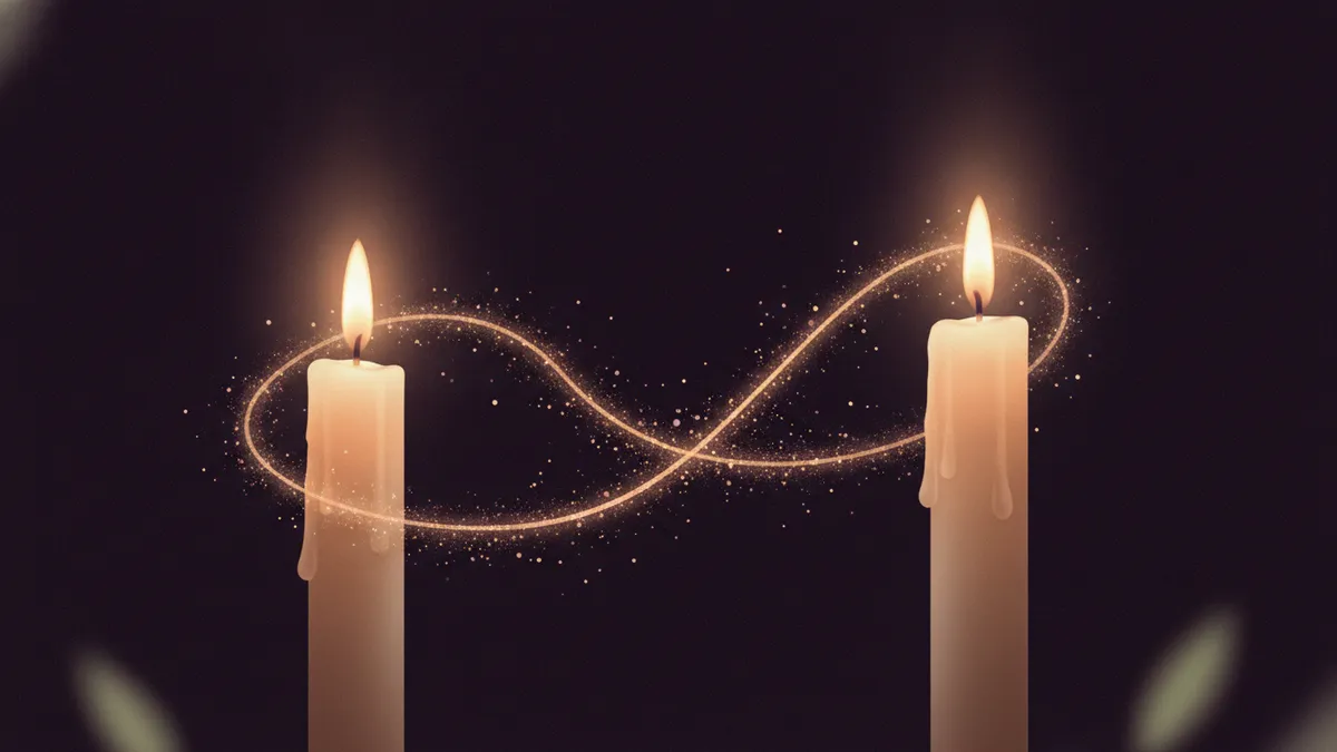 Dos velas encendidas a distancia unidas por un hilo de luz sobre fondo nocturno