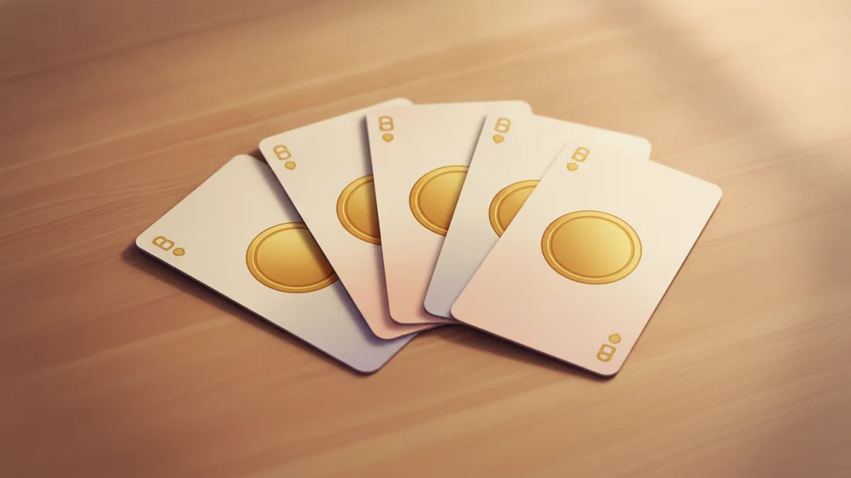 Cartas de oros de la baraja española abiertas en abanico sobre una mesa de madera