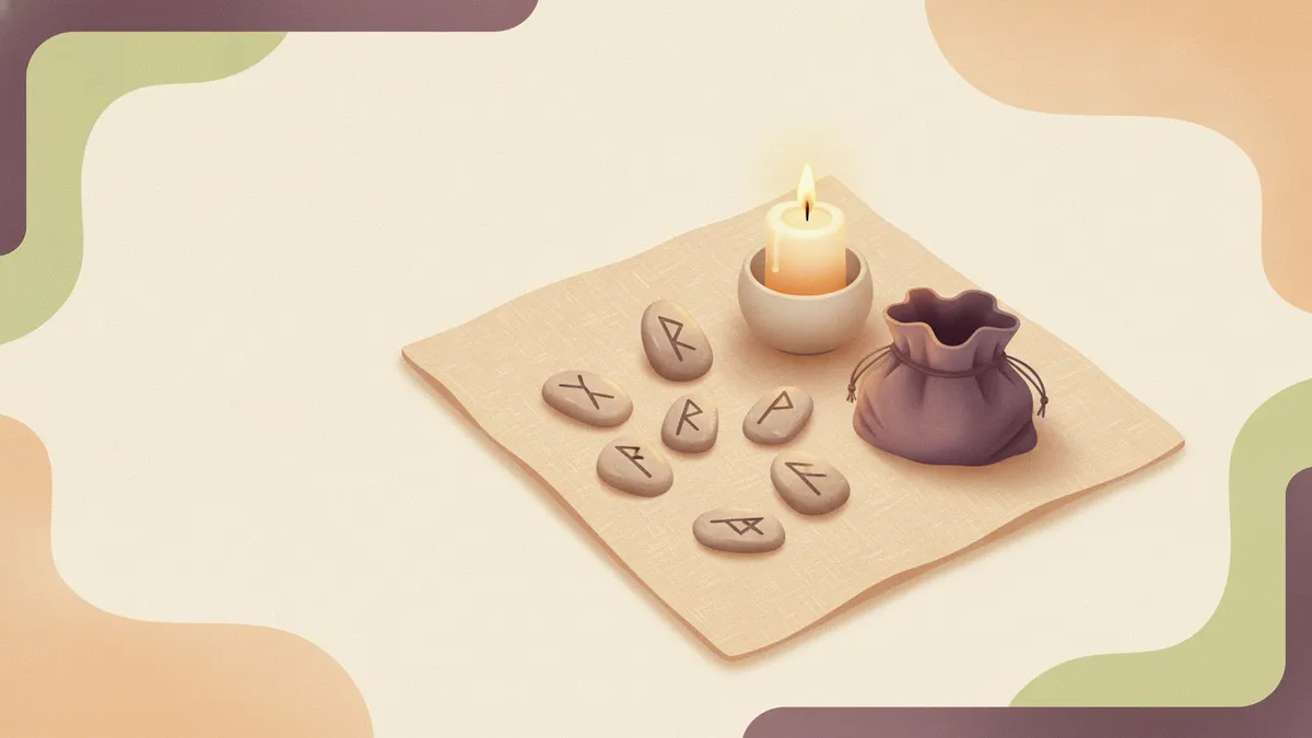 Un juego de runas de piedra grabadas sobre lino junto a una vela y una bolsa de tela: adivinación con runas
