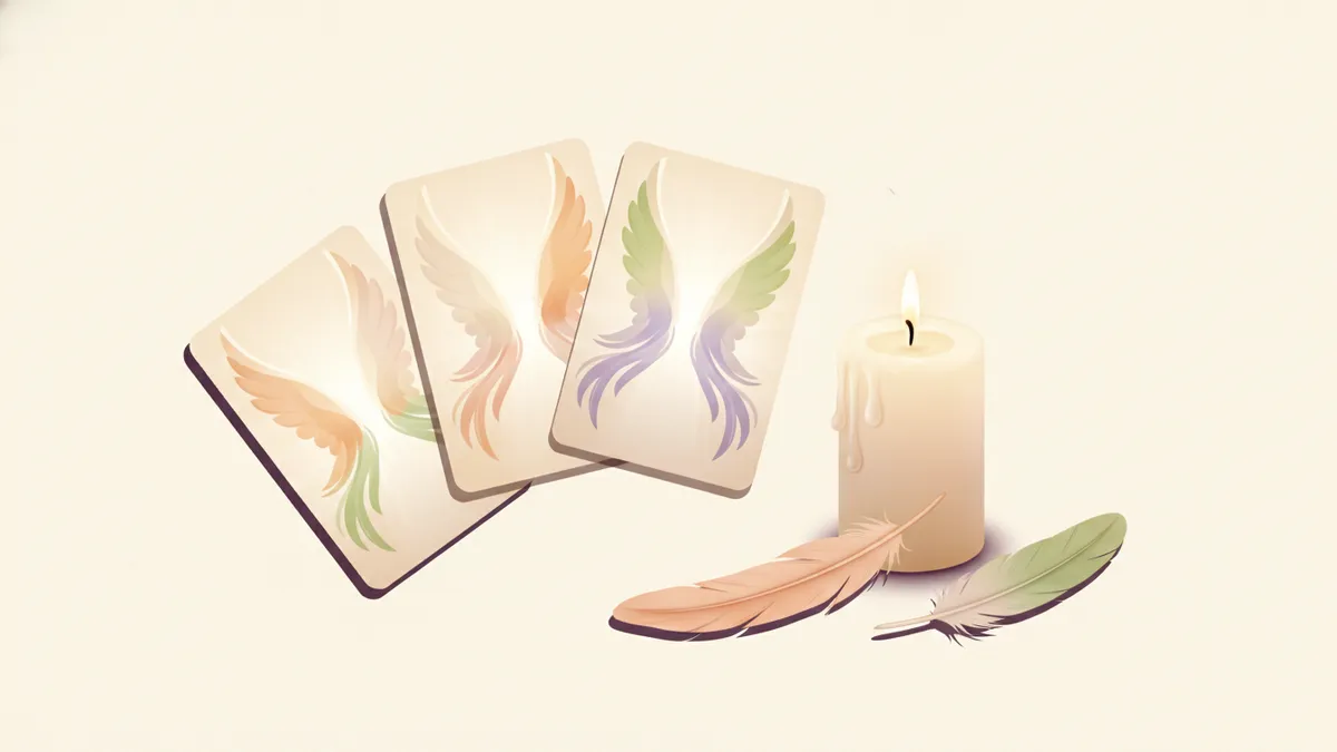 Cartas de un oráculo angelical con alas y luz dorada extendidas junto a una vela blanca y plumas