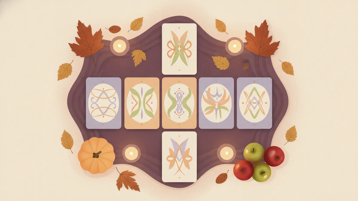 Cinco cartas de tarot dispuestas en cruz sobre un paño oscuro, con velas, hojas secas y una calabaza pequeña